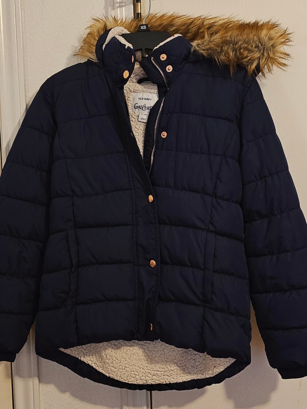 Old Navy Navy Puffer Jacket with Faux Fur Trim